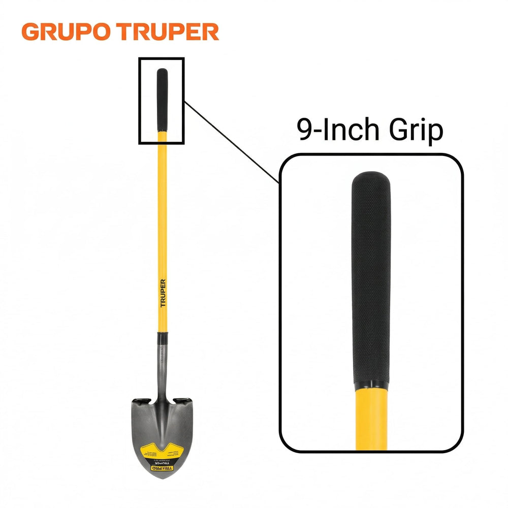 Truper Tru Pro shovel in use digging compact soil on site benefit efficient penetrating