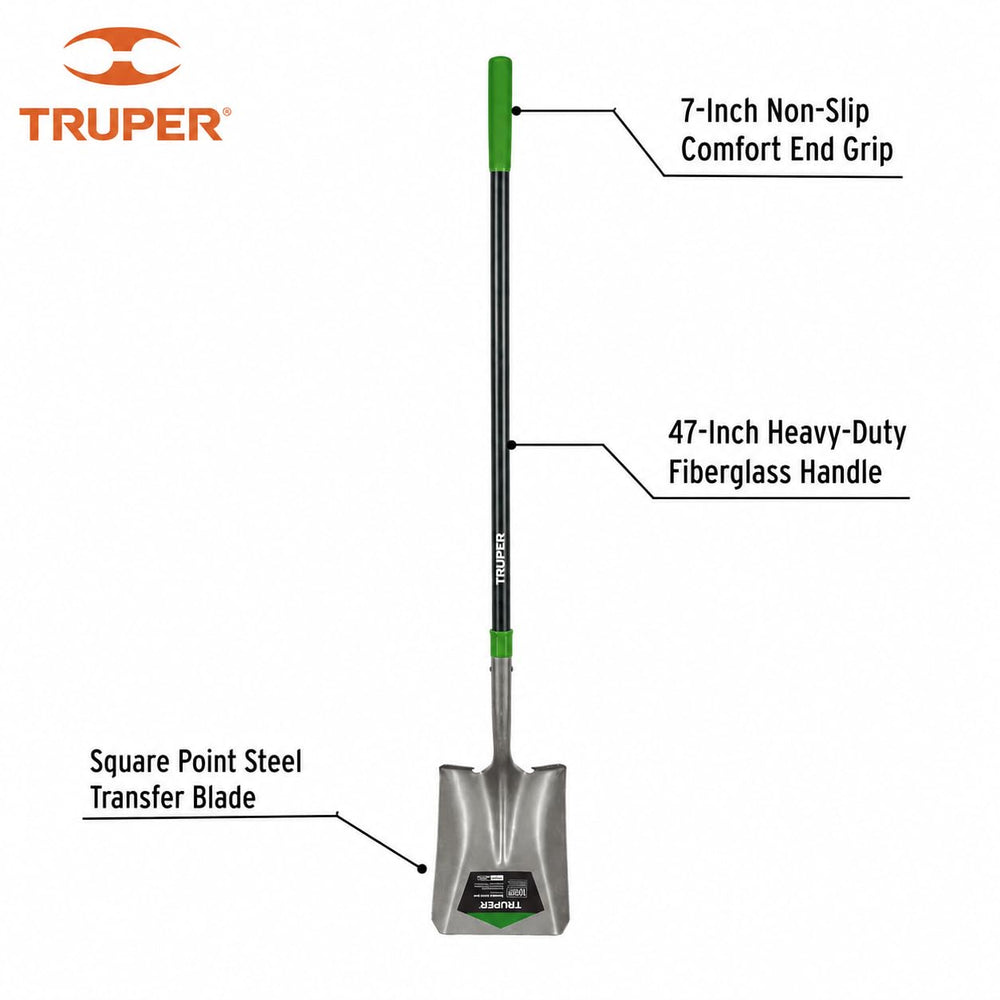 Truper TruTough close-up of square point steel blade with extended foot step for leverage