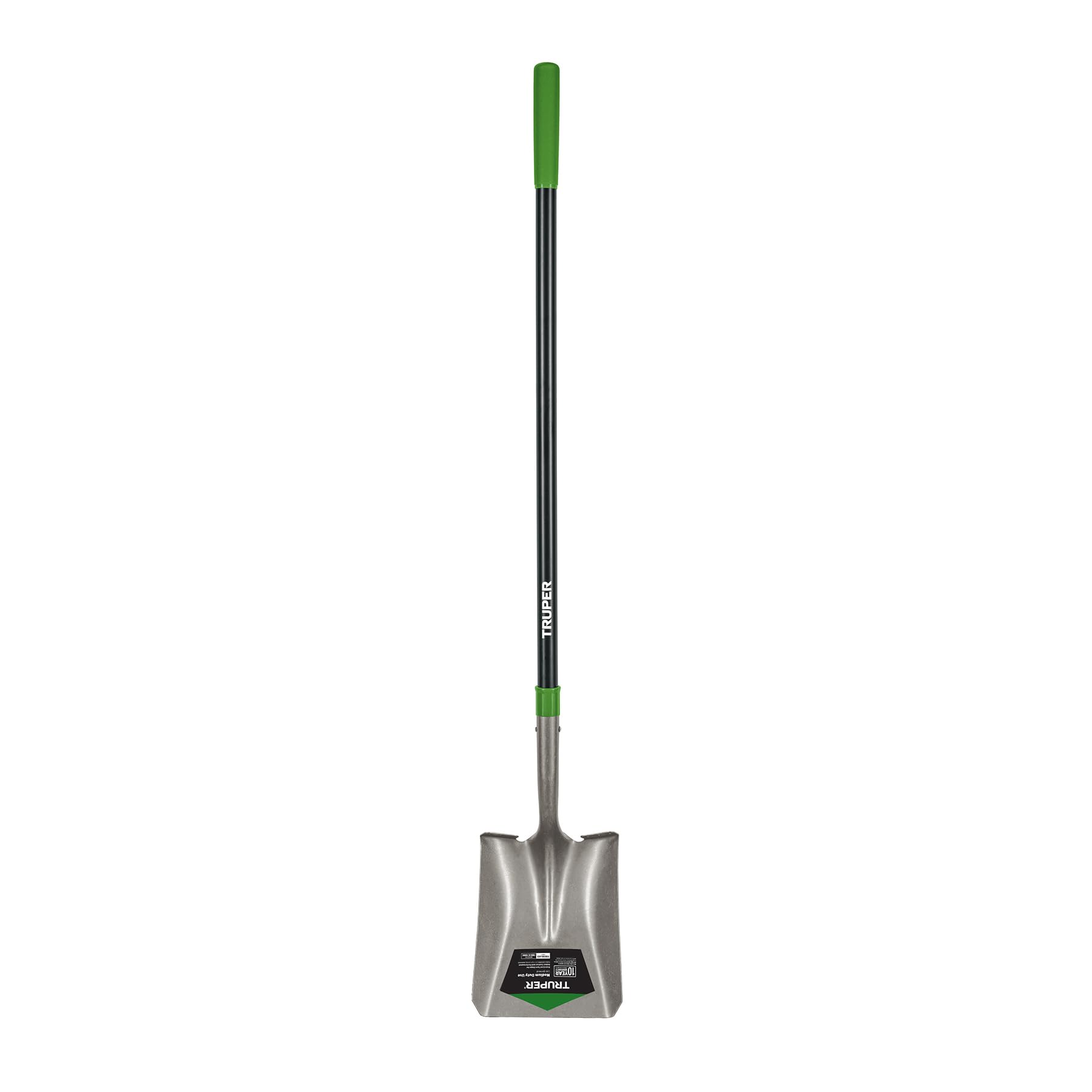 Truper TruTough shovel front view showing blade and shaft, durable construction benefit