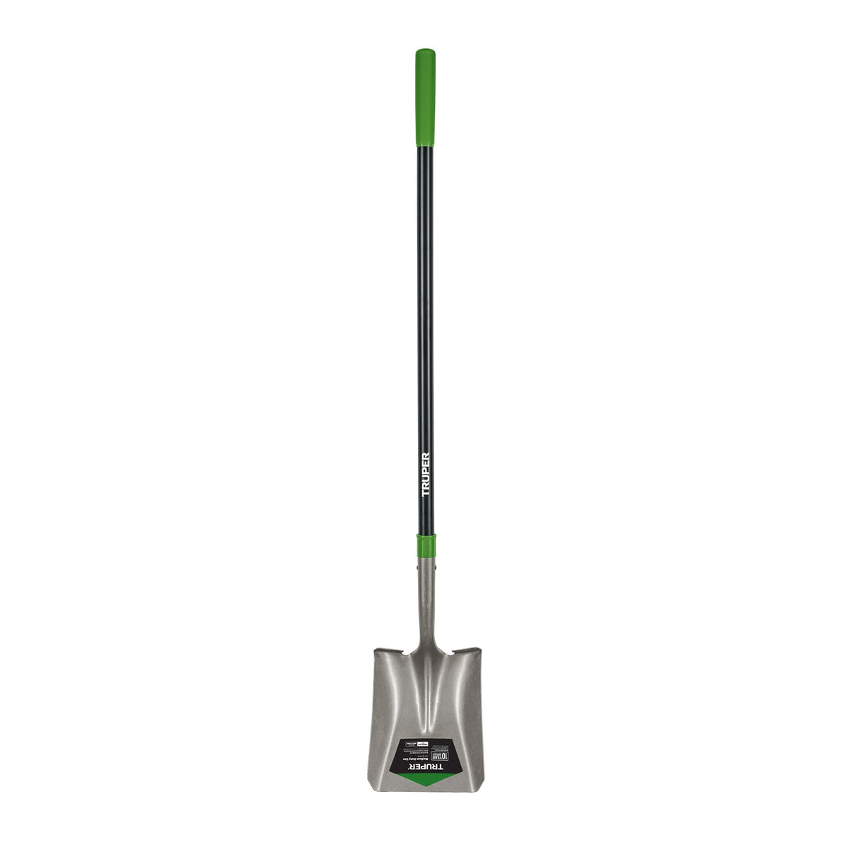 Truper TruTough shovel front view showing blade and shaft, durable construction benefit