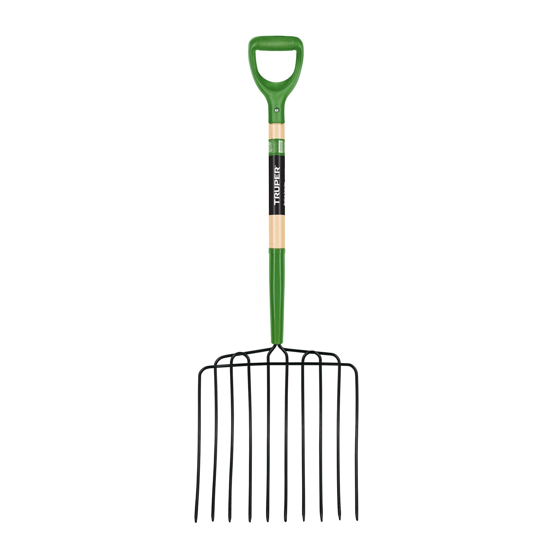 Truper TruTough front view showing 10-tine head for efficient scooping