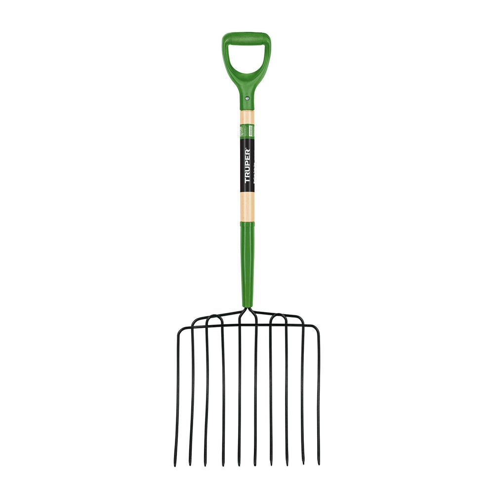 Truper TruTough front view showing 10-tine head for efficient scooping