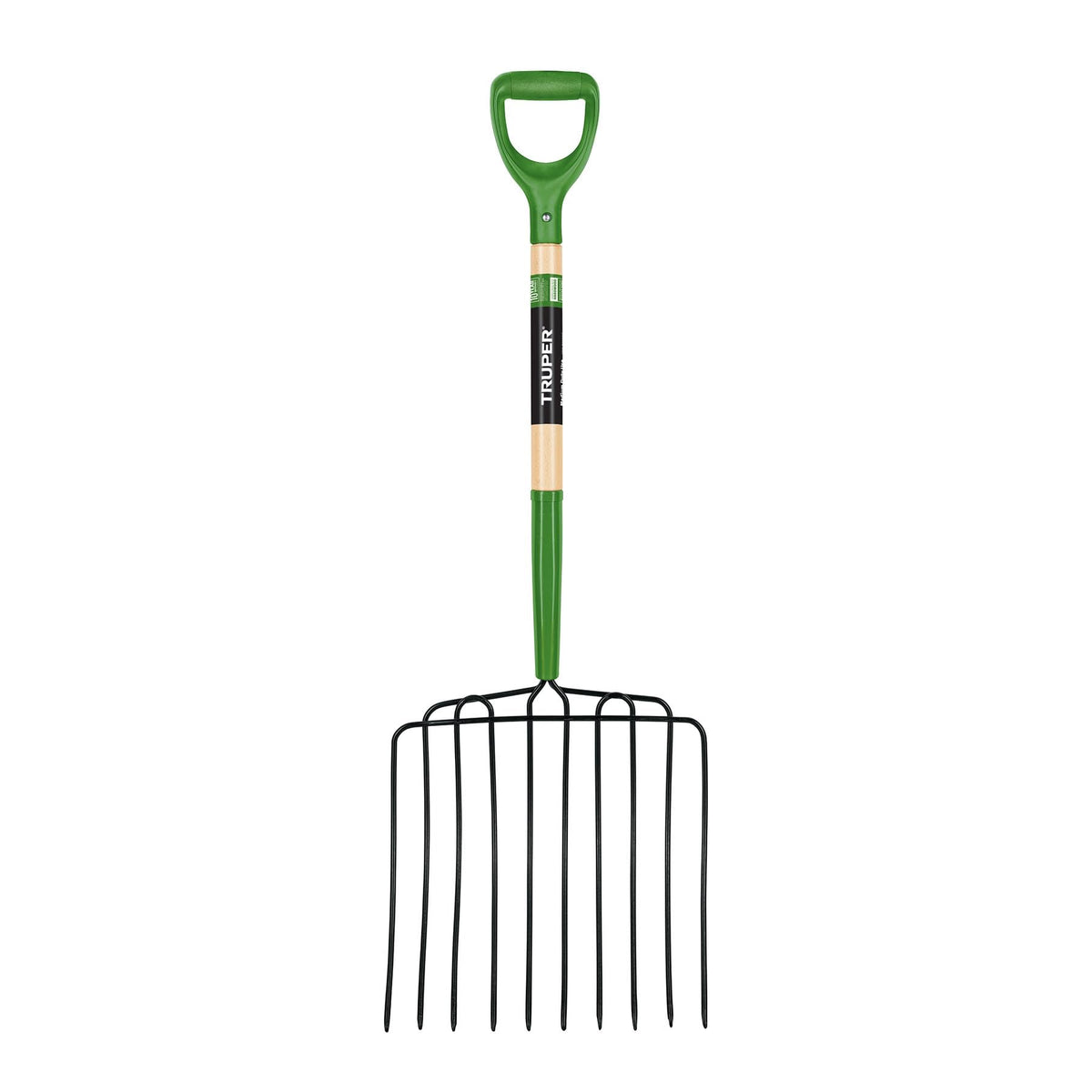 Truper TruTough front view showing 10-tine head for efficient scooping