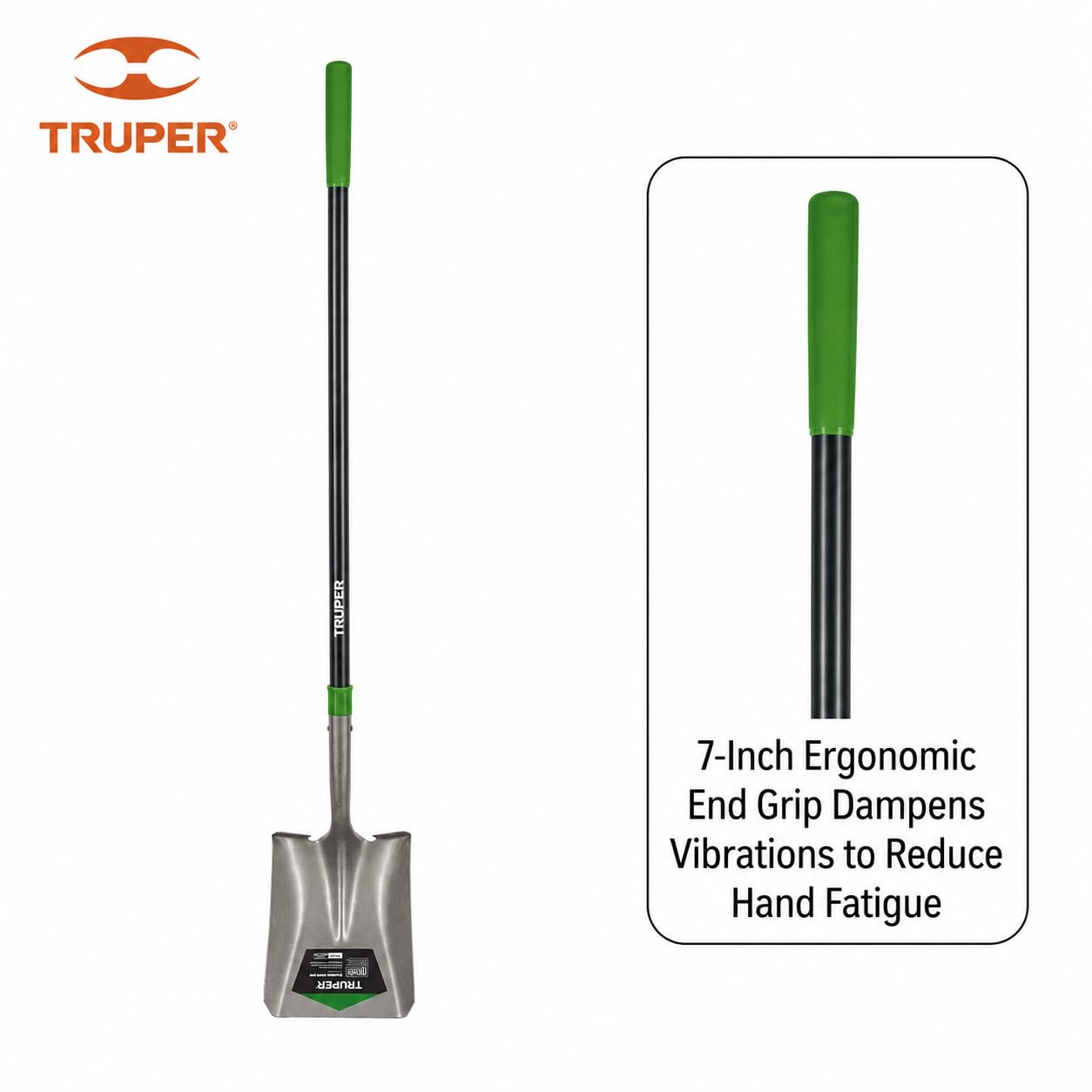 Truper TruTough shovel used moving mulch, showing efficiency and professional-grade performance