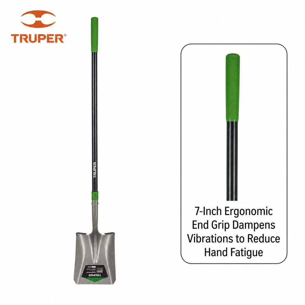 Truper TruTough shovel used moving mulch, showing efficiency and professional-grade performance