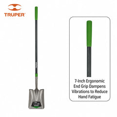 Truper TruTough shovel used moving mulch, showing efficiency and professional-grade performance