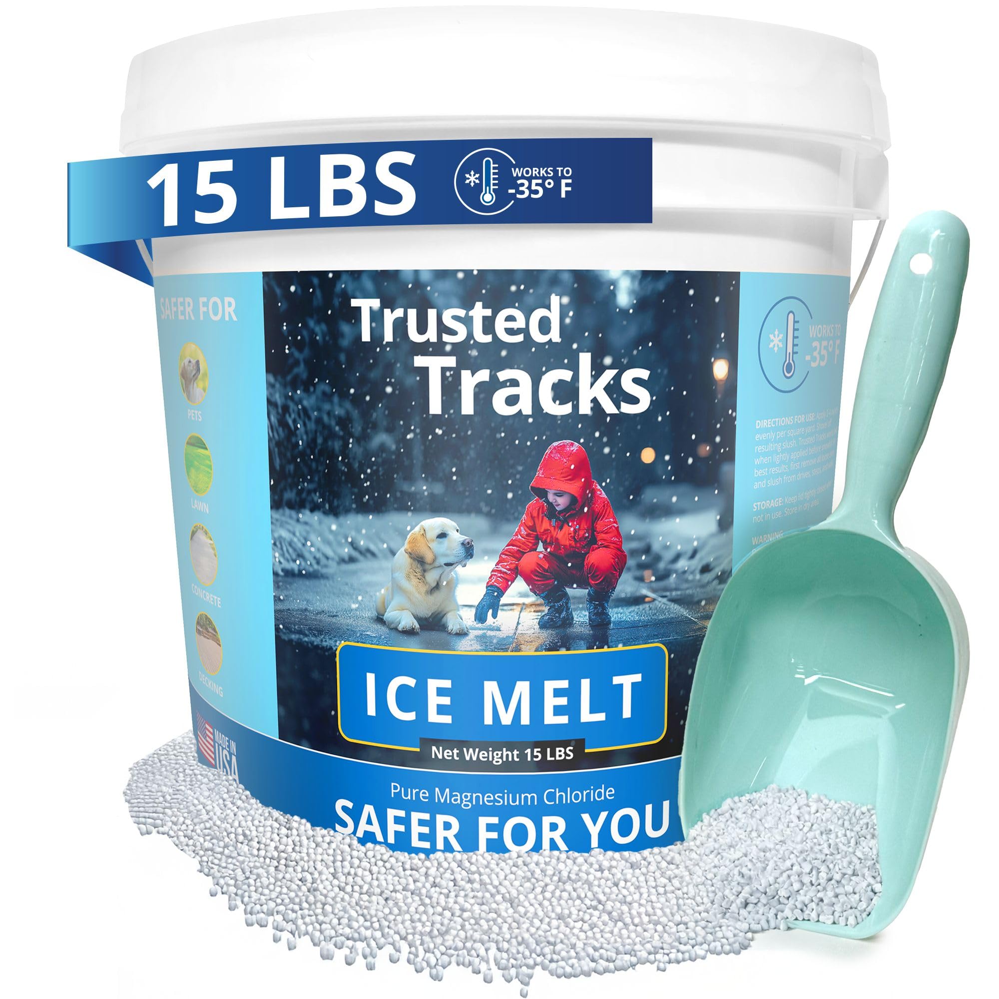 Trusted Tracks front packaging showing 15 lb bag and scoop, clear labeling benefit