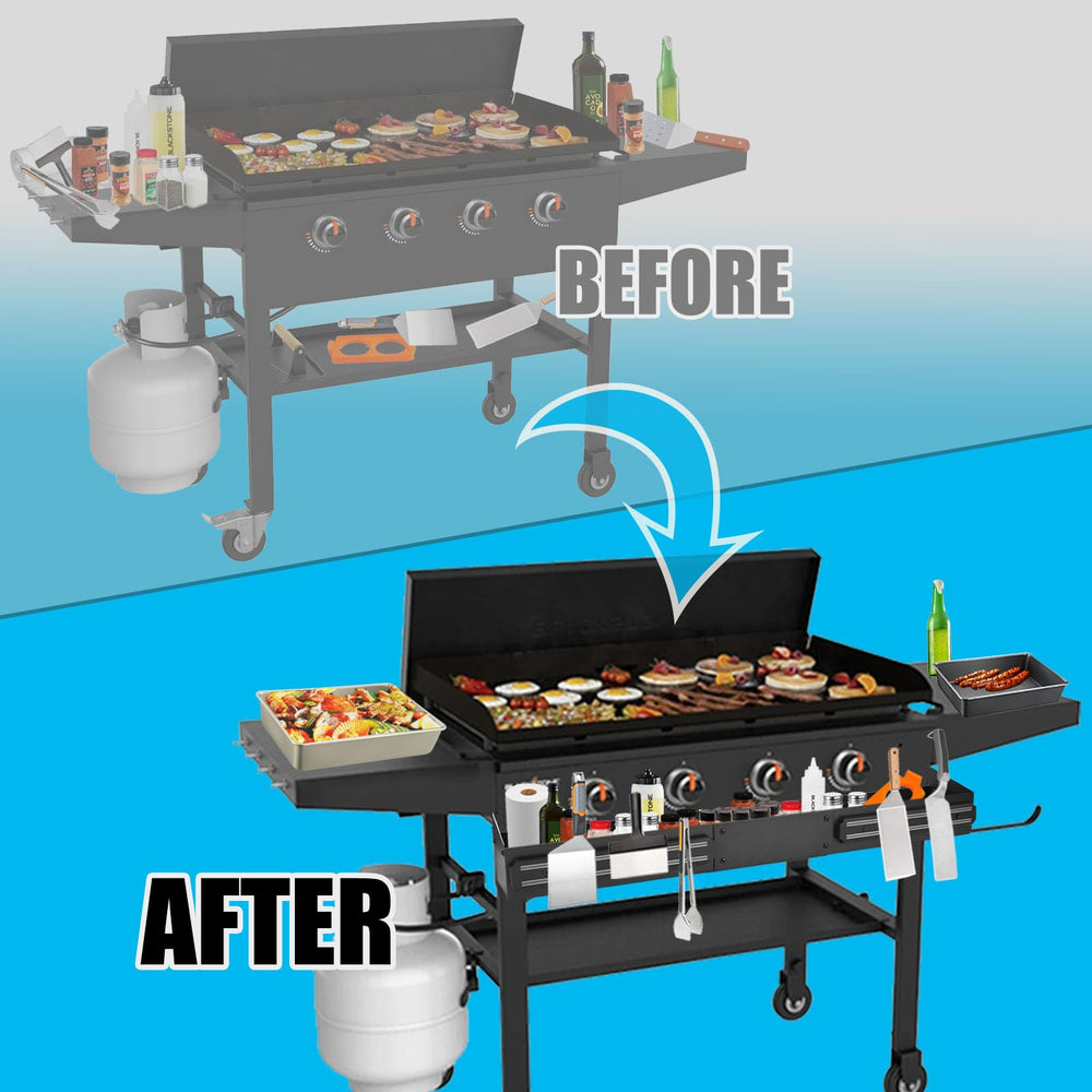 Trybuy front caddy magnetic strip close-up holding metal spatulas securely