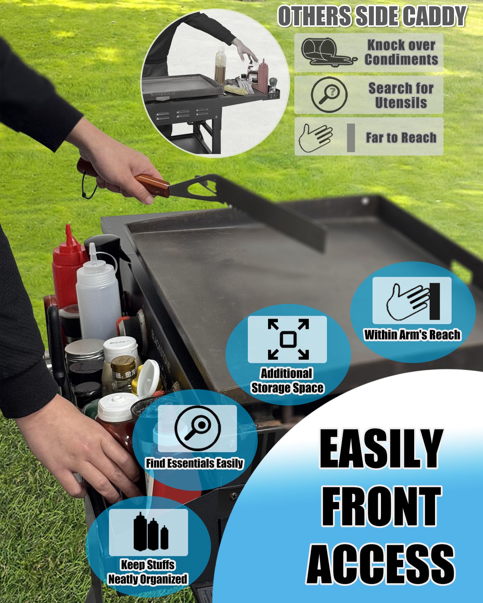 Trybuy front caddy side profile mounted to Blackstone showing secure fit