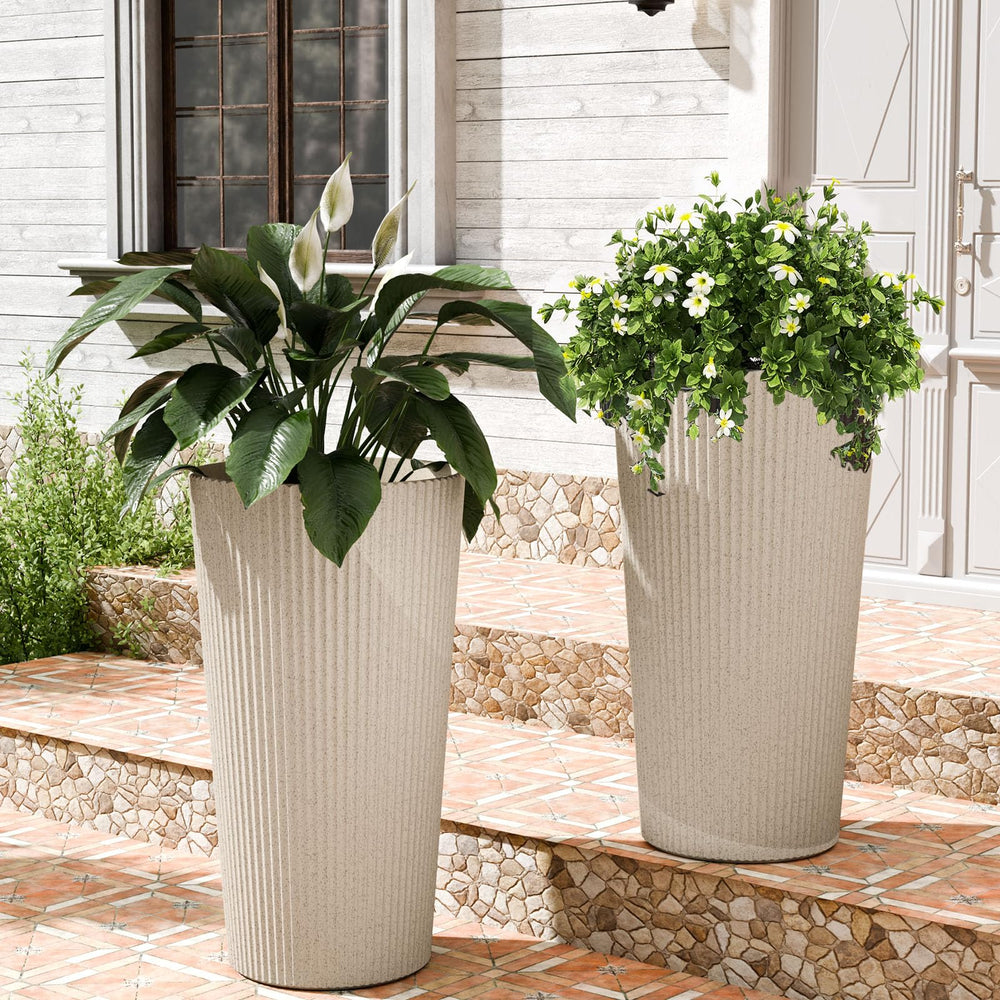 Trygoal front view beige 24-inch planter showing elegant height and curb appeal