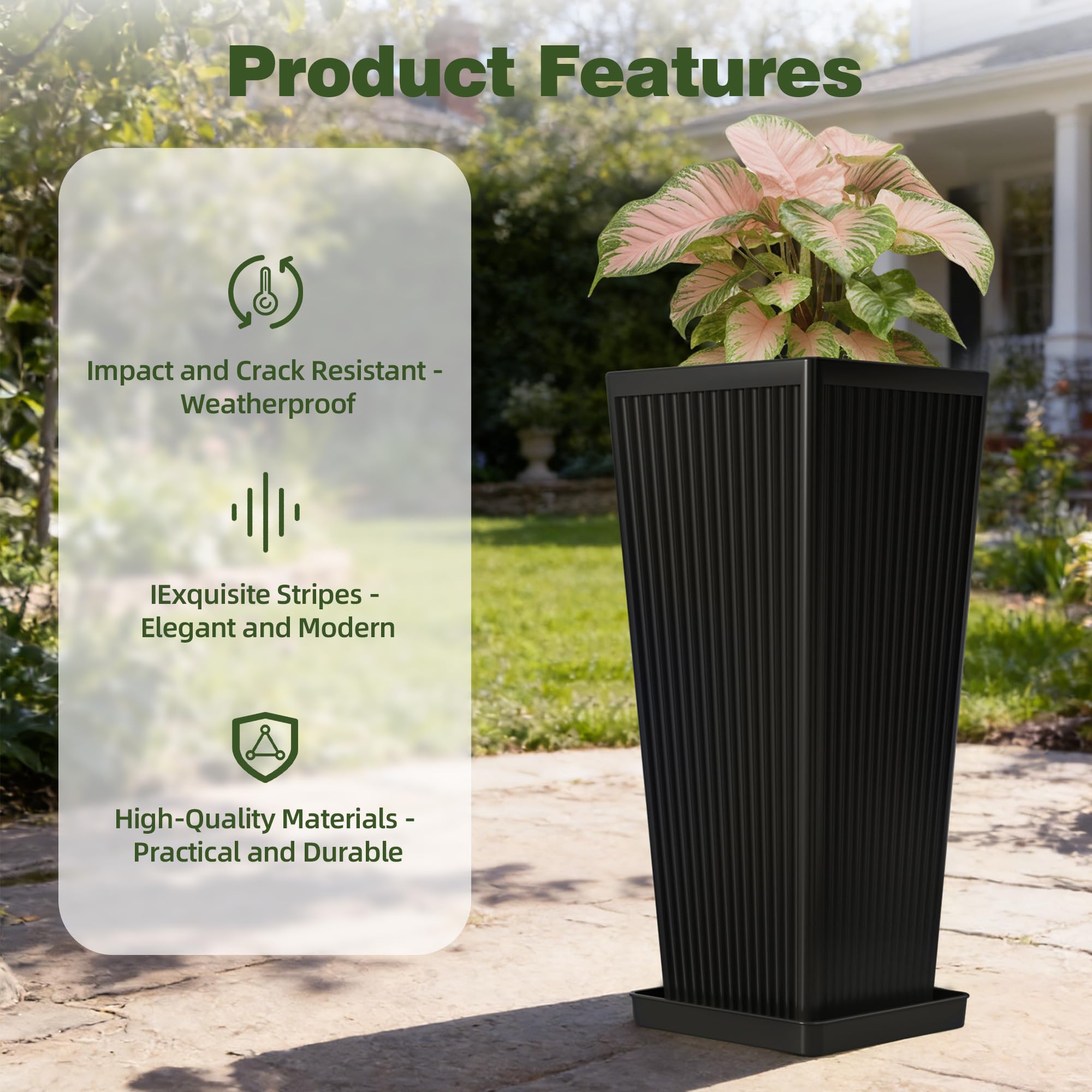 Trygoal planter on patio with ferns demonstrating weather-resistant outdoors use