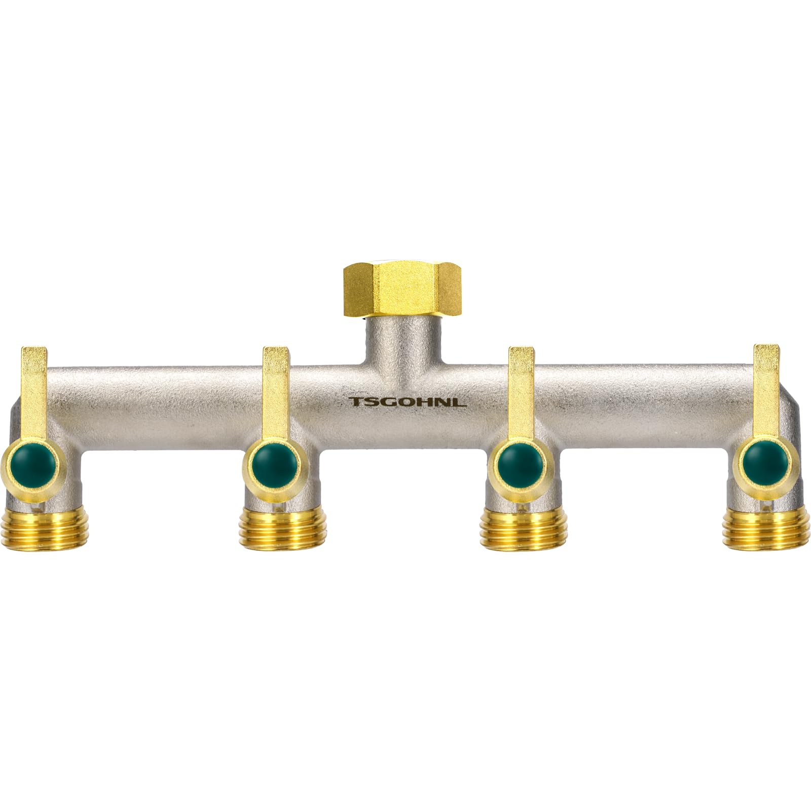 TSGOHNL front view of brass 4-way splitter showing four outlets and handles for durable multi-hose use