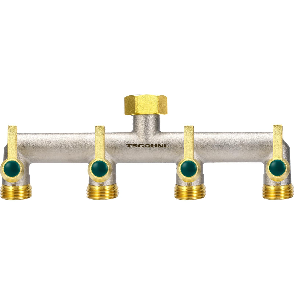 TSGOHNL front view of brass 4-way splitter showing four outlets and handles for durable multi-hose use