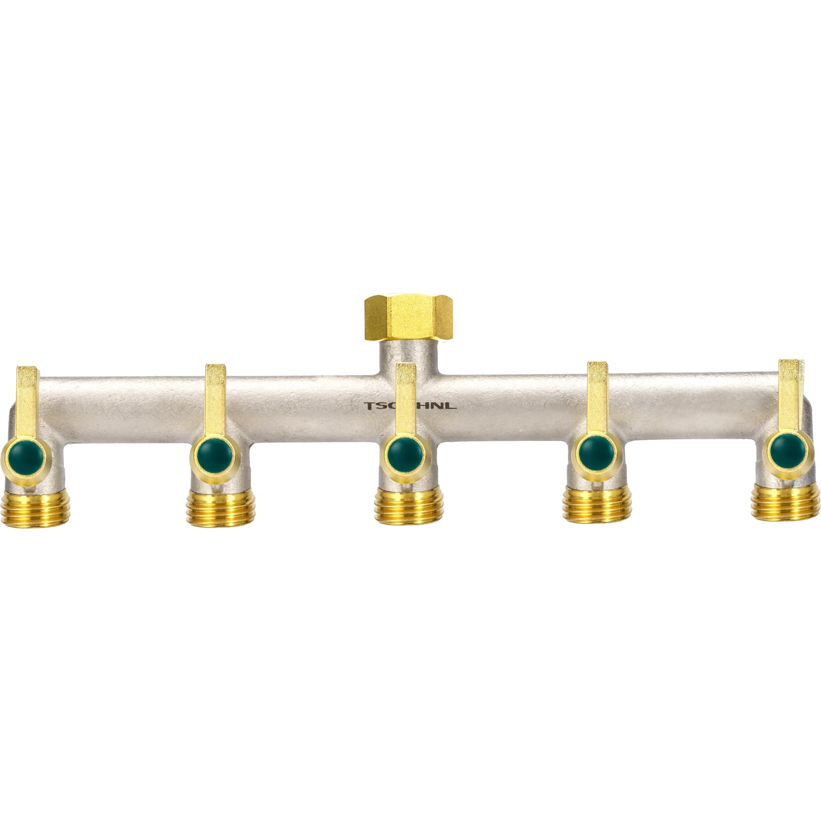 TSGOHNL front view of 5-way brass hose splitter showing durable outlets and finish