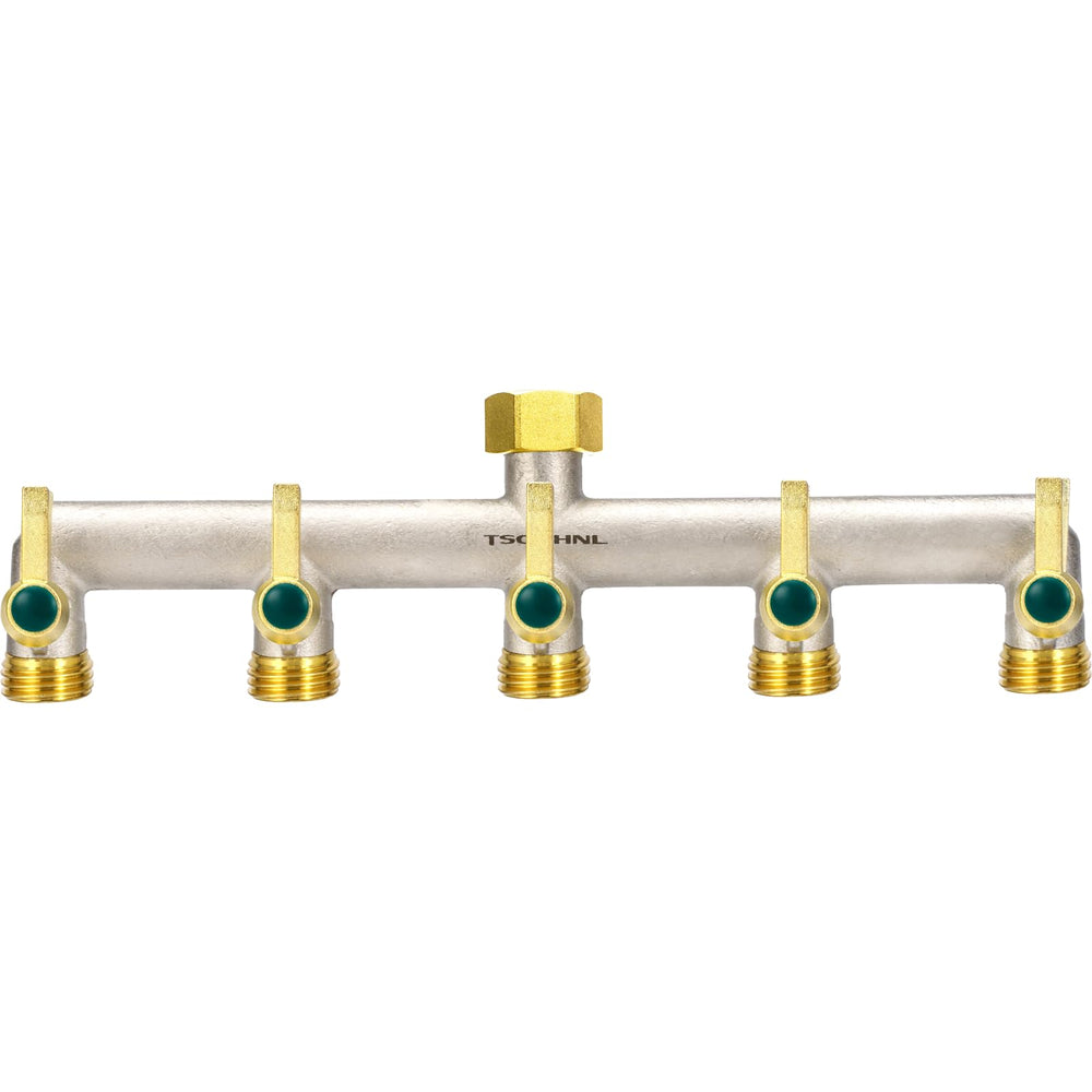 TSGOHNL front view of 5-way brass hose splitter showing durable outlets and finish