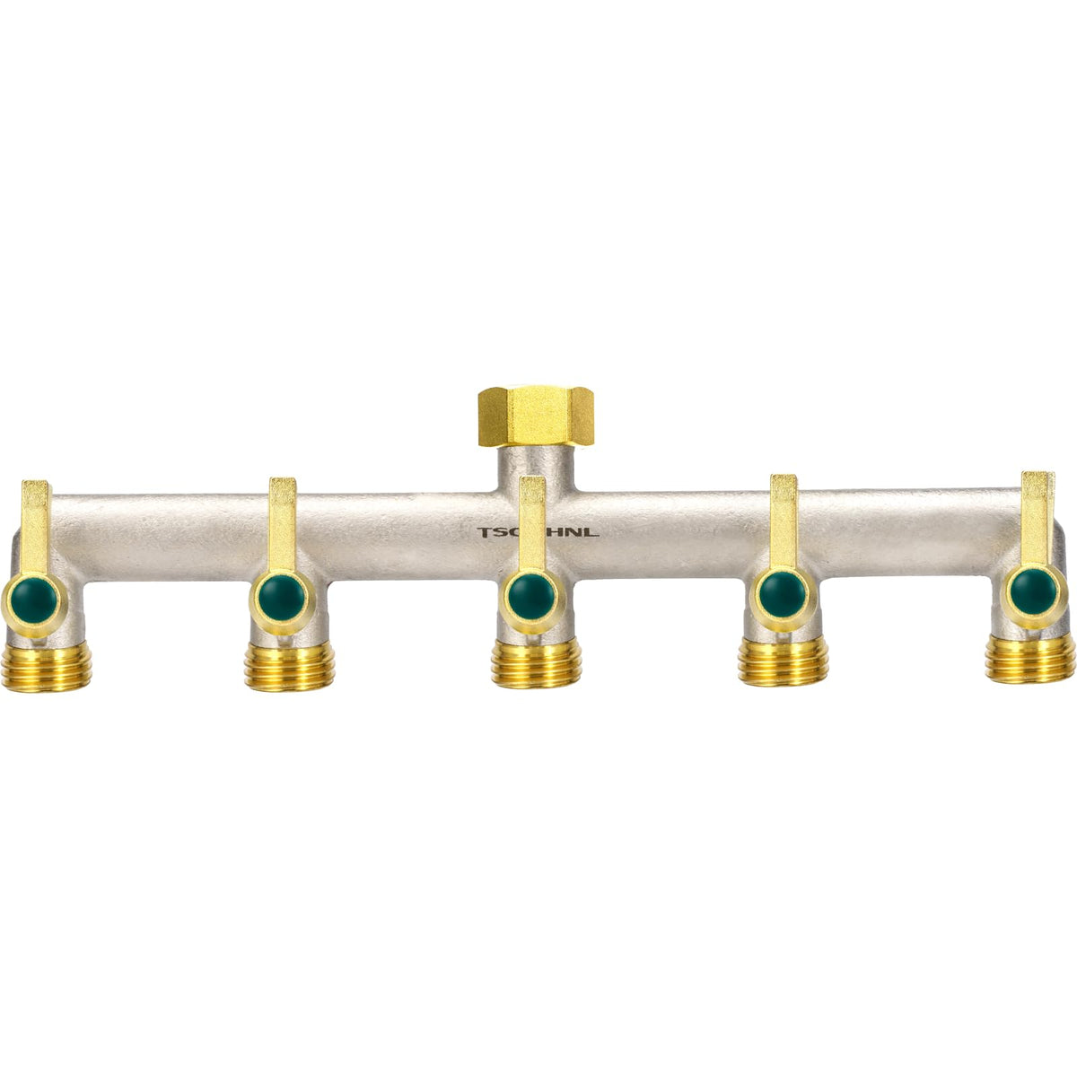 TSGOHNL front view of 5-way brass hose splitter showing durable outlets and finish