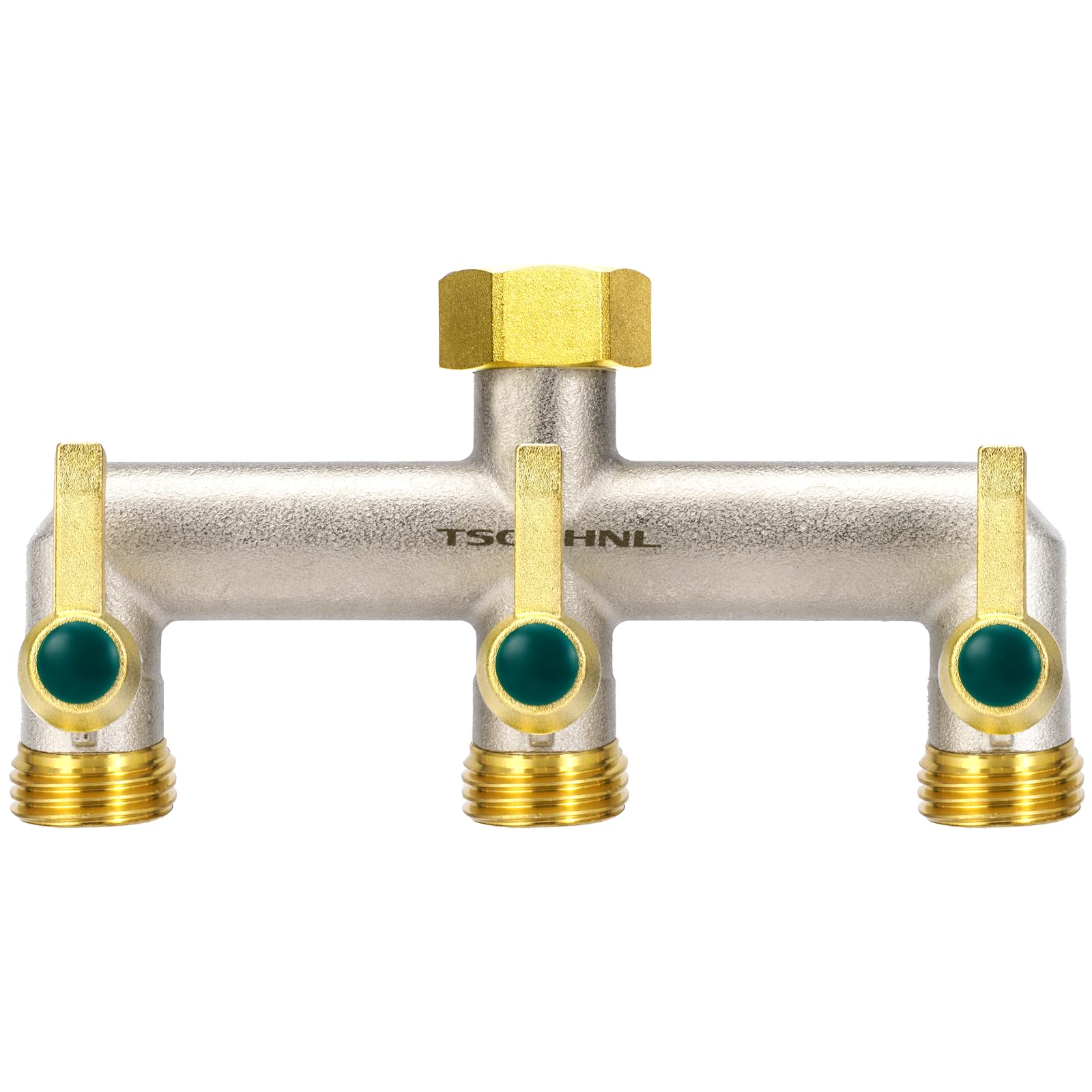 TSGOHNL front view of brass splitter showing three outlets and durable body for versatile watering