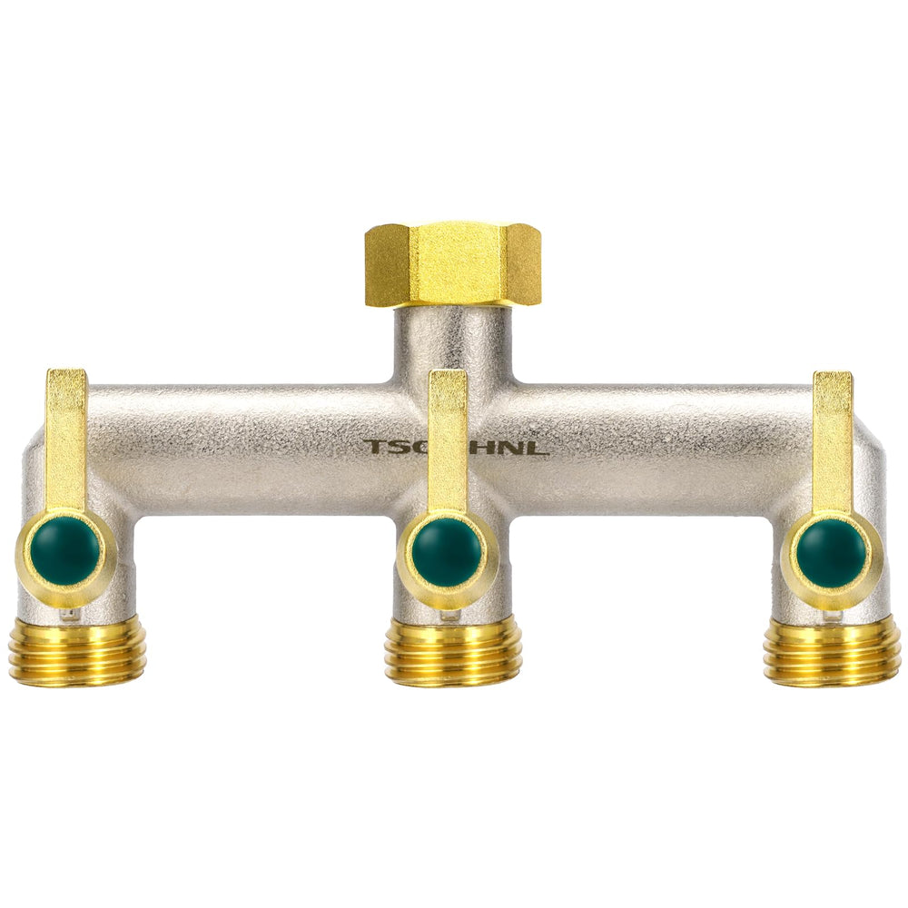 TSGOHNL front view of brass splitter showing three outlets and durable body for versatile watering