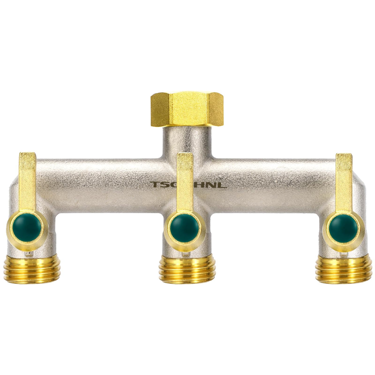 TSGOHNL front view of brass splitter showing three outlets and durable body for versatile watering