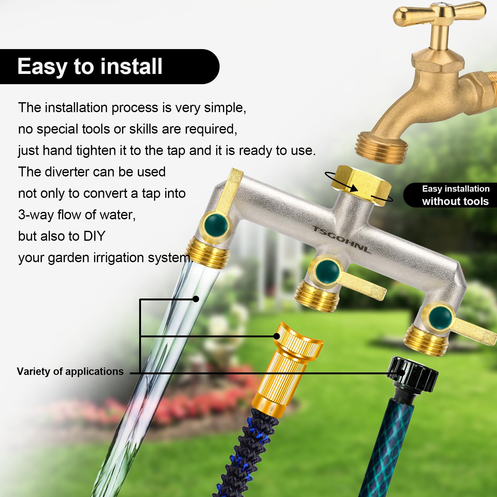 TSGOHNL lifestyle shot in a garden showing multiple hoses running for efficient watering