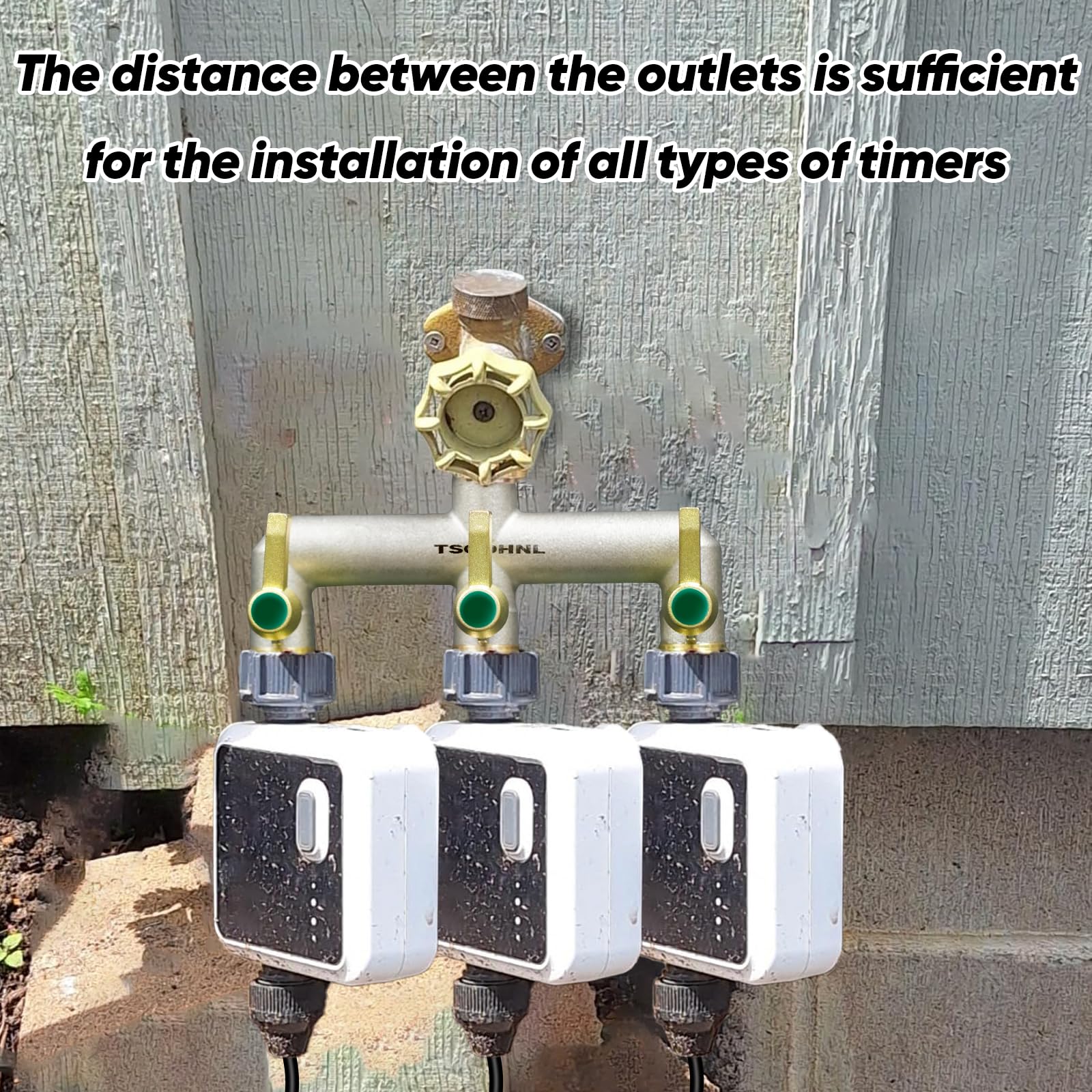 TSGOHNL installed on outdoor faucet illustrating stable attachment and simultaneous hose use