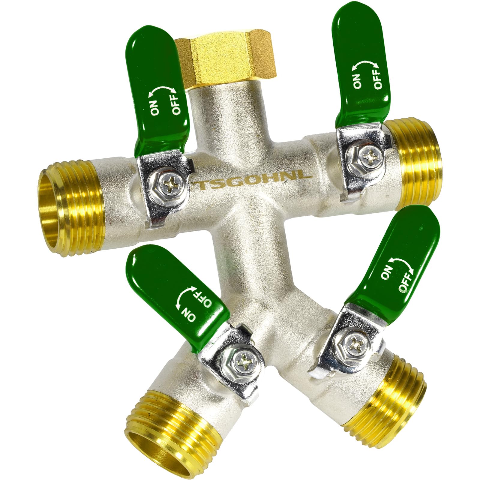 TSGOHNL splitter front view showing four outlets and durable build for versatile watering