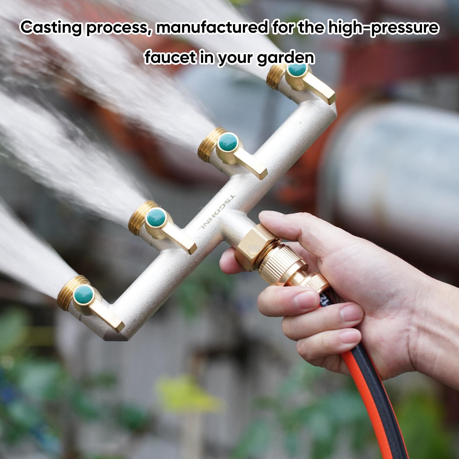 TSGOHNL splitter mounted on outdoor spigot enabling multiple hoses from one faucet