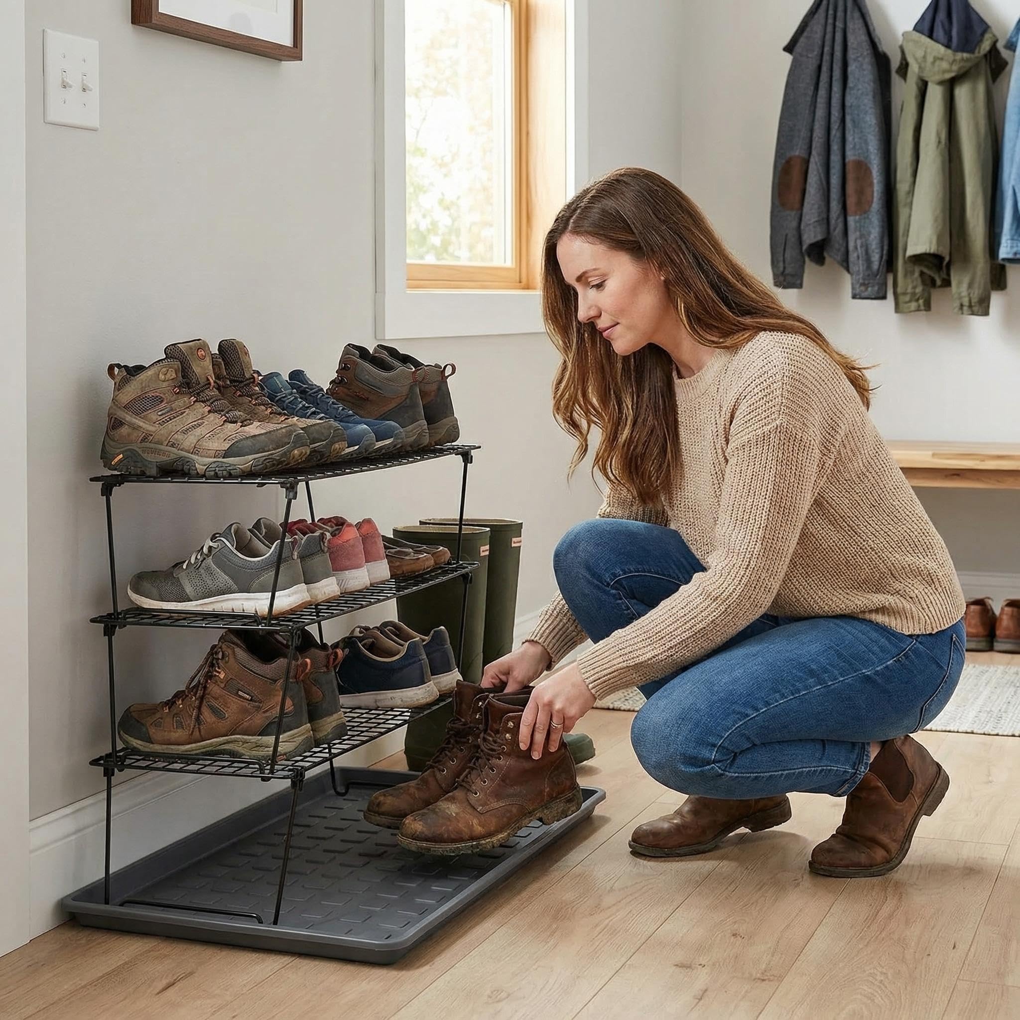 TSY TOOL tray holding multiple shoes keeping entryway clean and dry