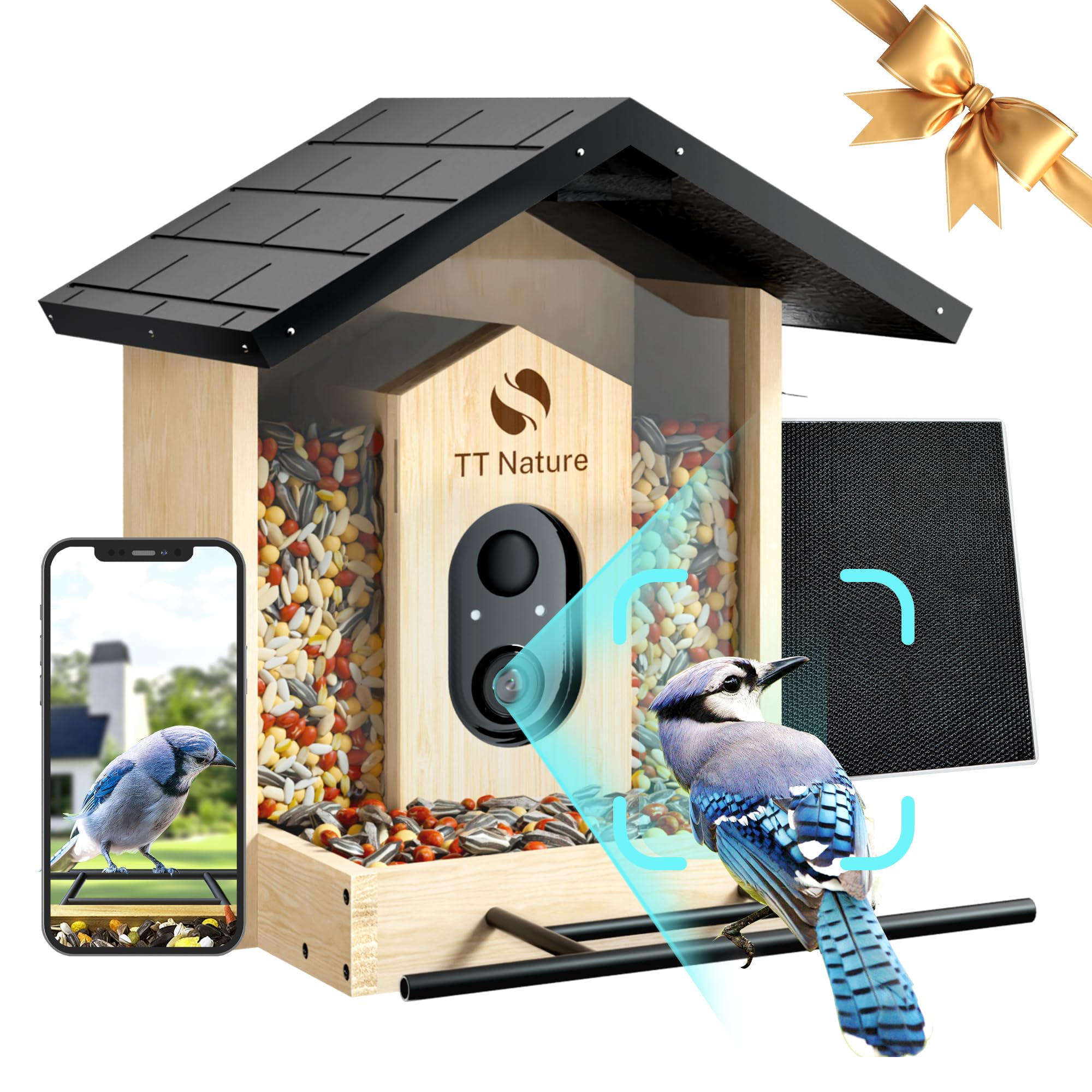 TT Nature front view of wooden feeder showing camera and aesthetic appeal