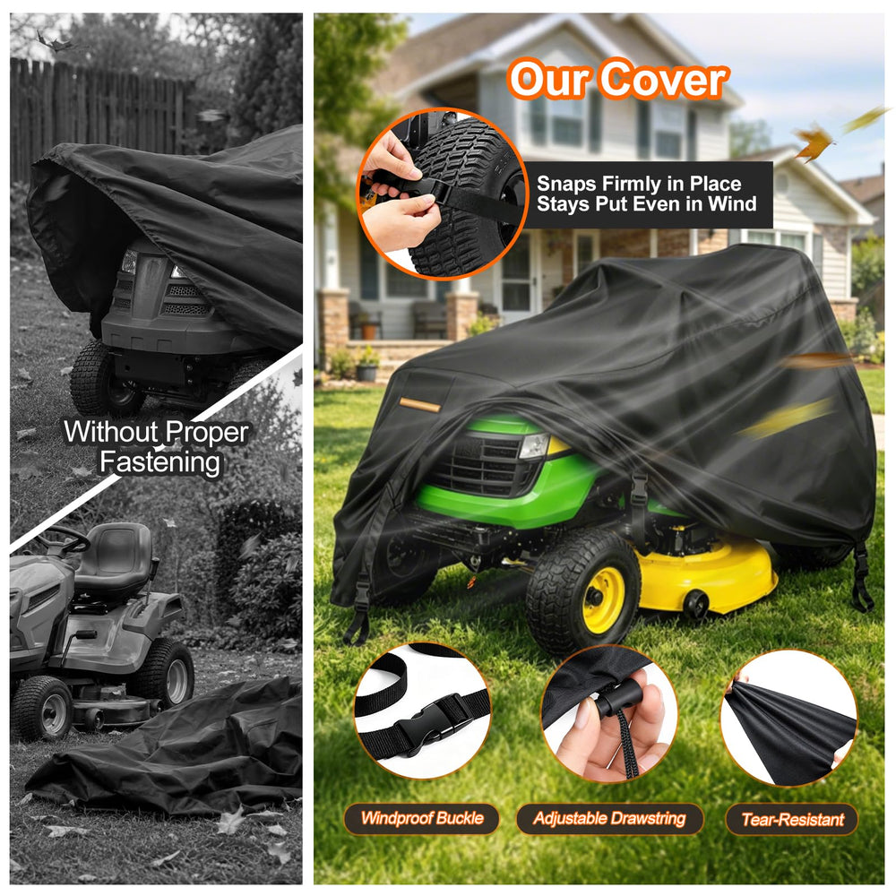 TTAJJUNK cover on mower in driveway demonstrating outdoor protection
