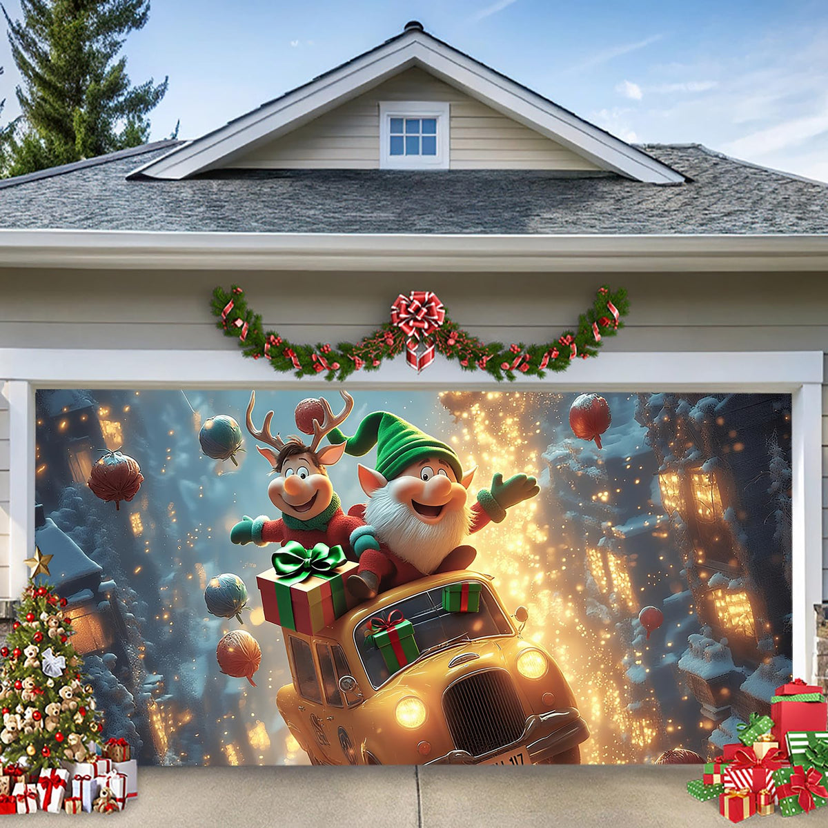 TTCHANG full garage mural front view showing vibrant holiday scene and curb appeal