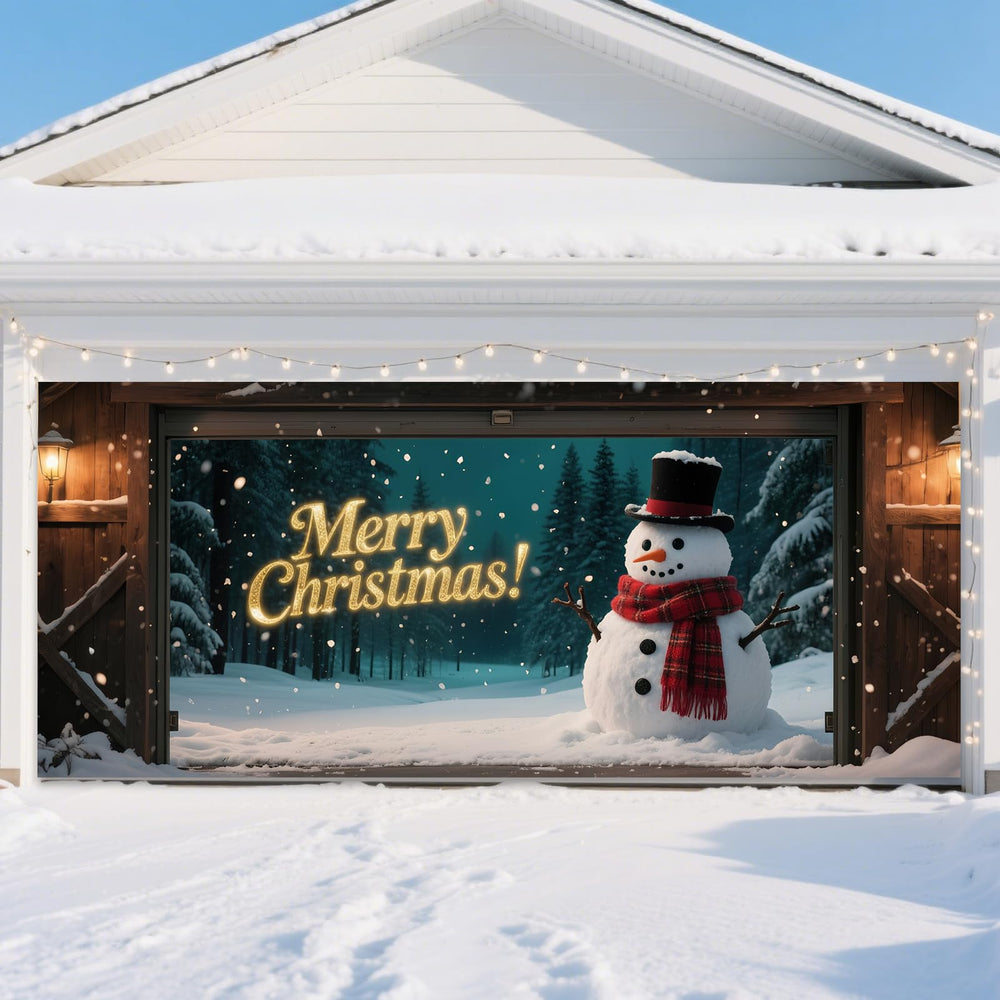 TTCHANG front view of full snowman garage door cover showing festive curb appeal