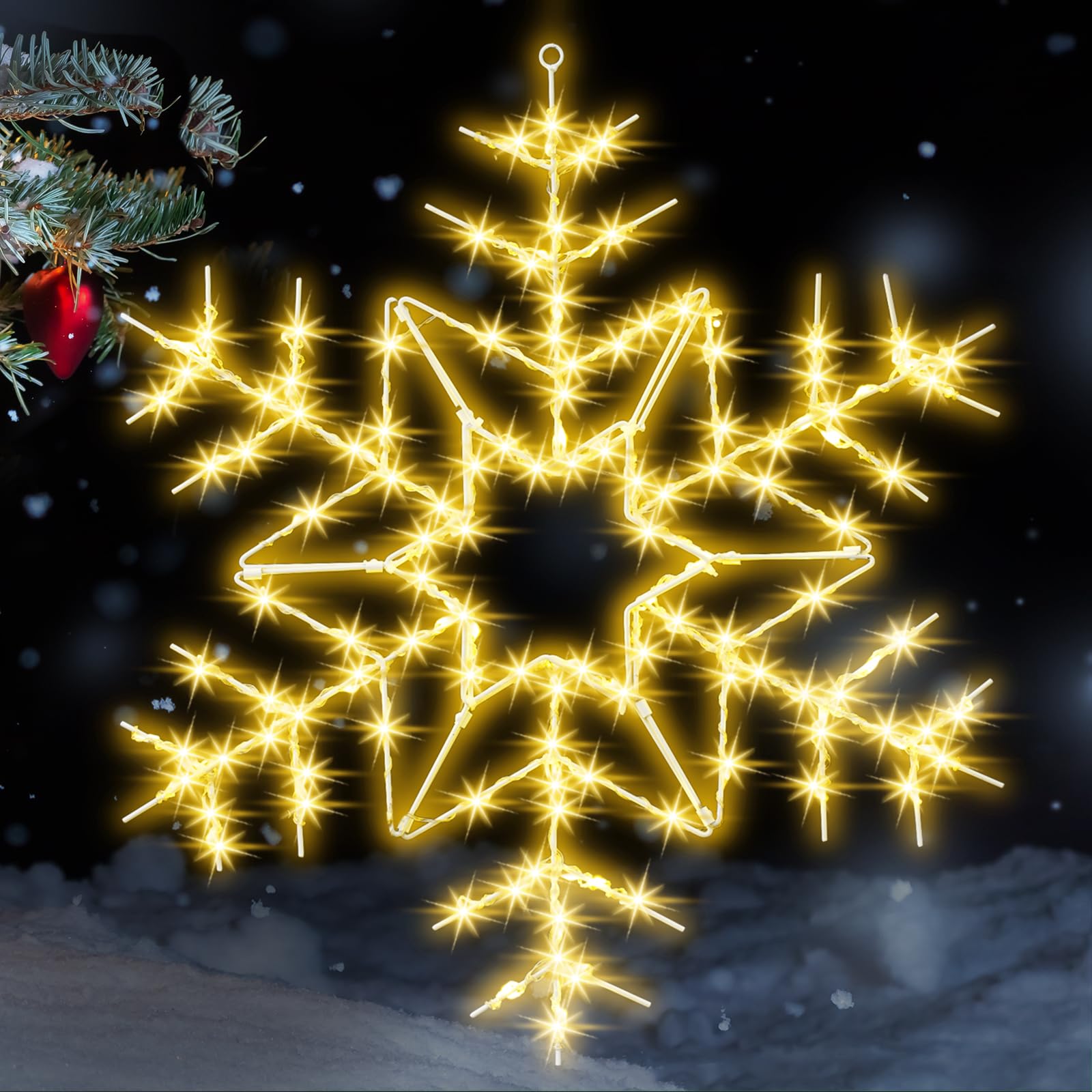 Tuanse front view of unfolded snowflake lights showing warm white glow and festive effect