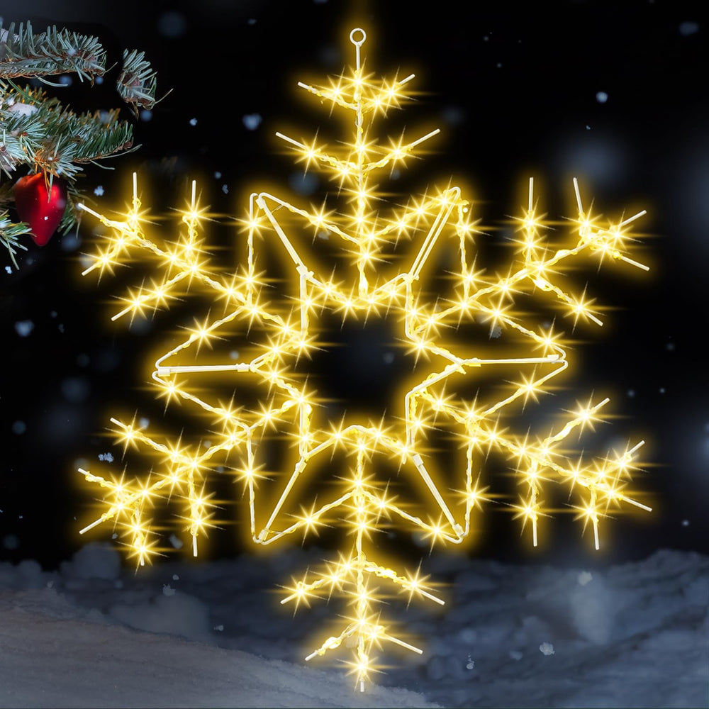 Tuanse front view of unfolded snowflake lights showing warm white glow and festive effect