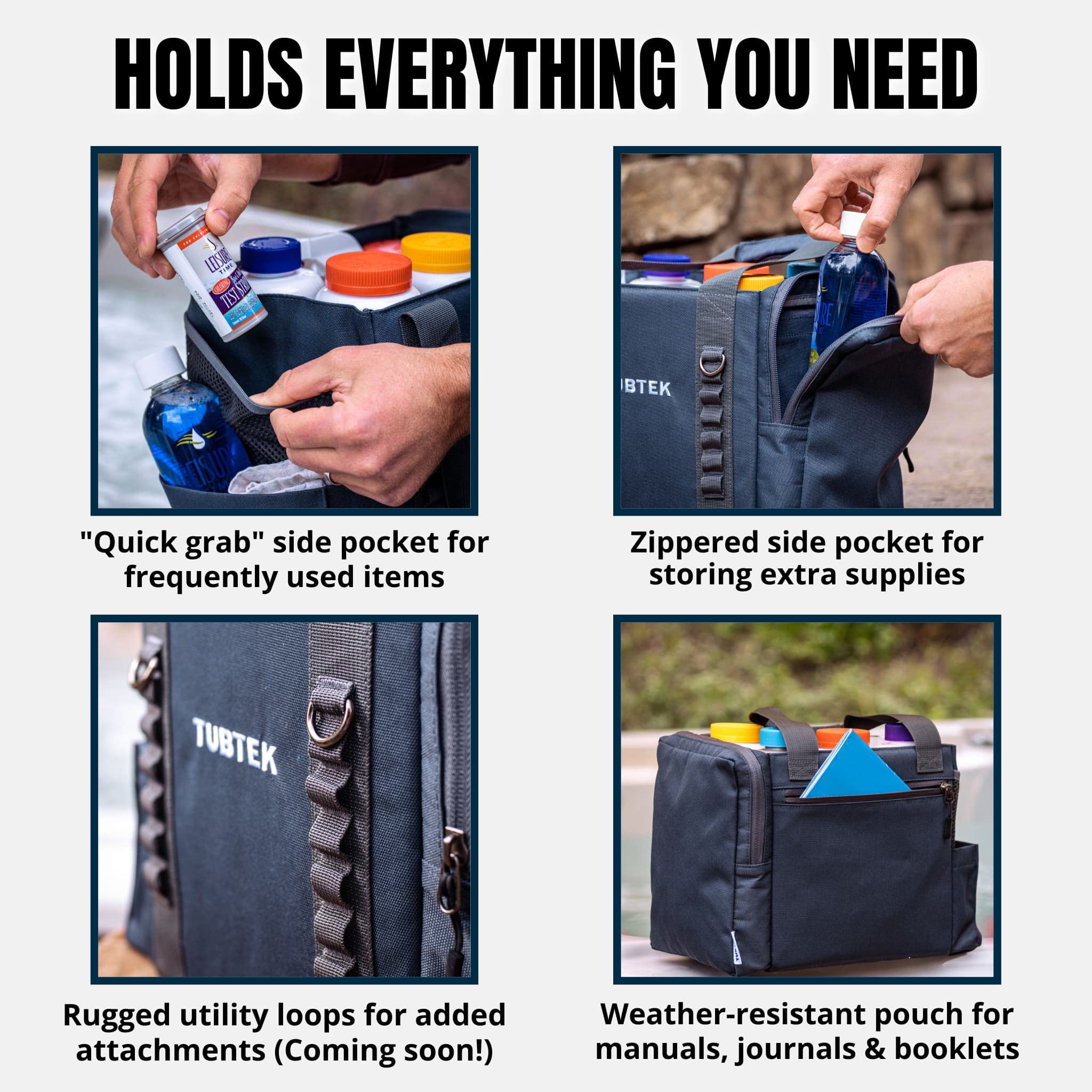 TUBTEK ChemBag holding multiple chemical bottles safely and upright