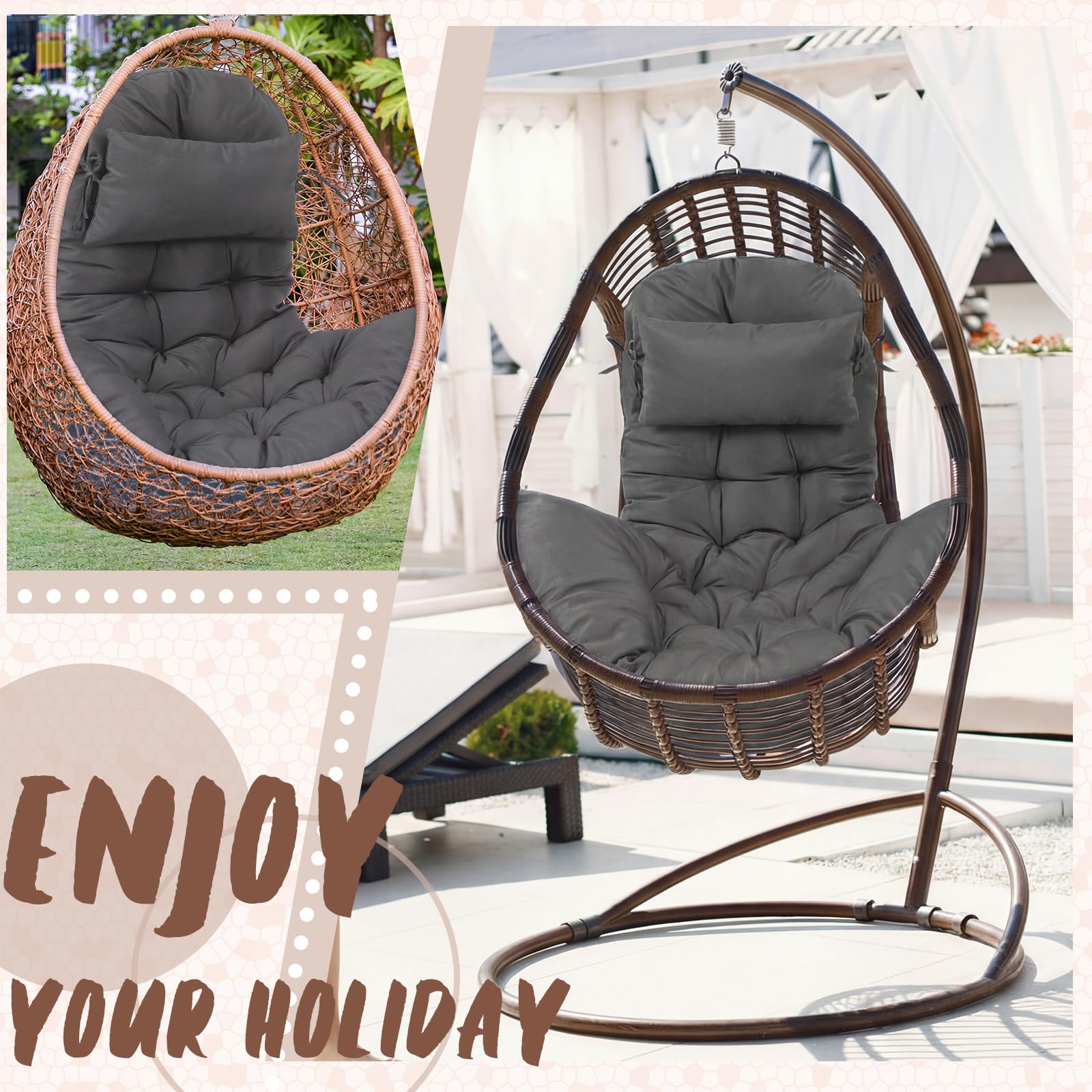 Tudomro cushion in hanging chair lifestyle showing cozy outdoor benefit