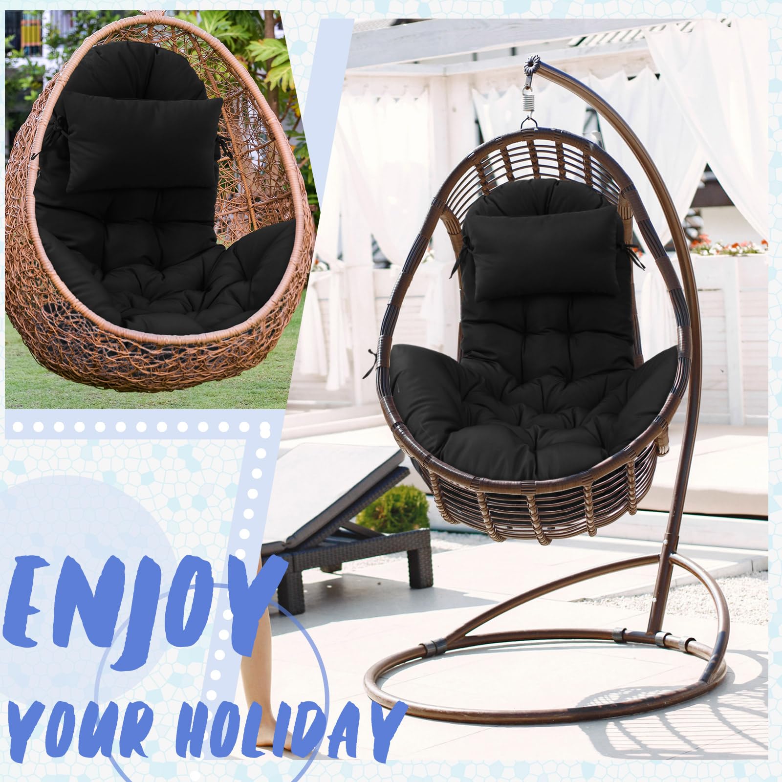 Tudomro cushion in hanging egg chair on patio illustrating relaxed use
