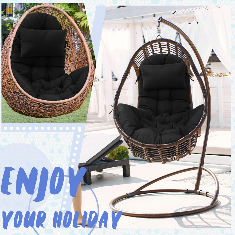 Tudomro cushion in hanging egg chair on patio illustrating relaxed use