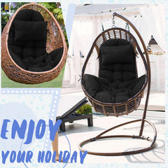 Tudomro cushion in hanging egg chair on patio illustrating relaxed use