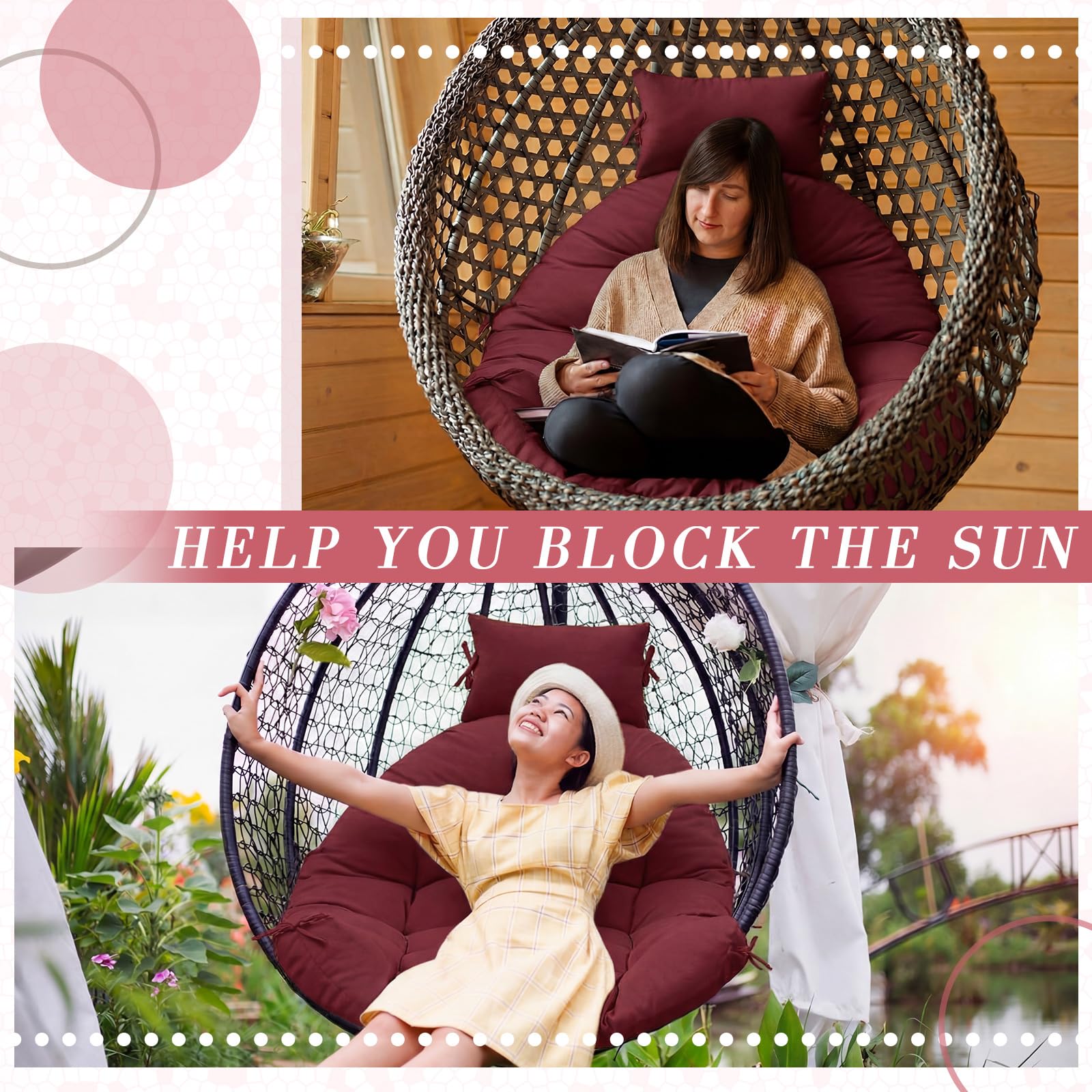 Tudomro cushion installed in hanging egg chair on patio for relaxed lounging
