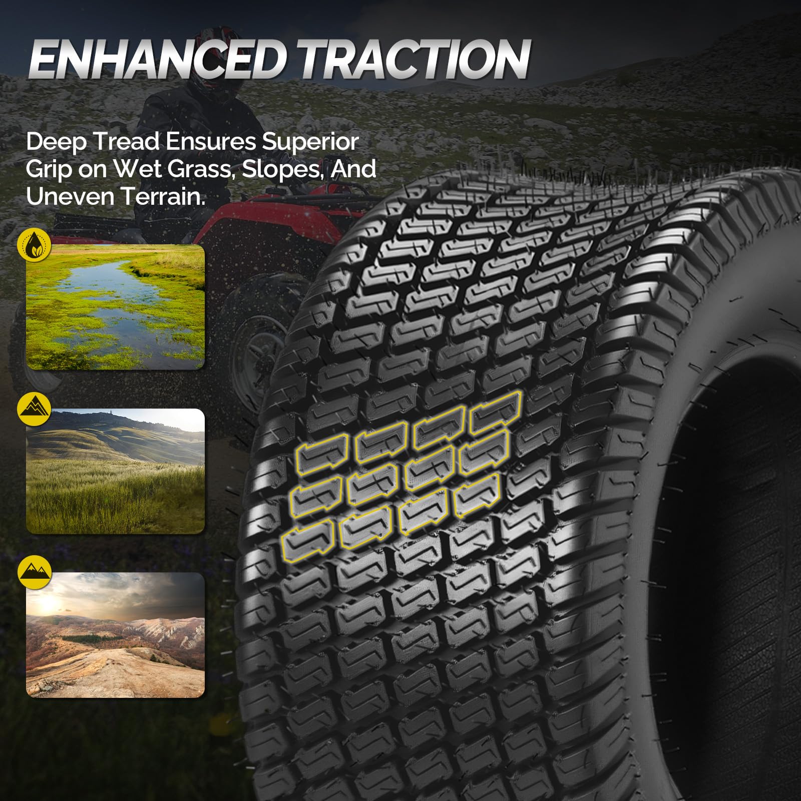 TUFFIOM tire in use on a lawn mower showing reduced turf impact and reliable grip