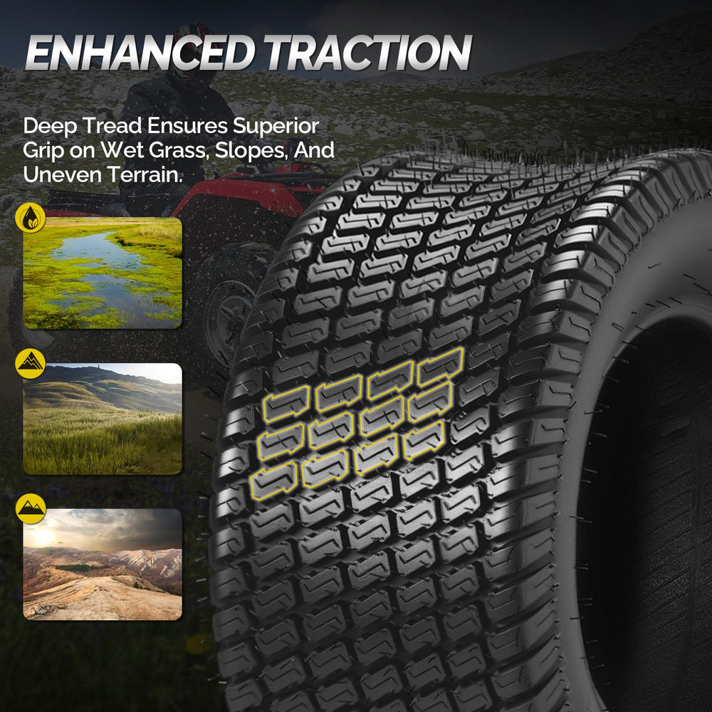 TUFFIOM tire in use on a lawn mower showing reduced turf impact and reliable grip