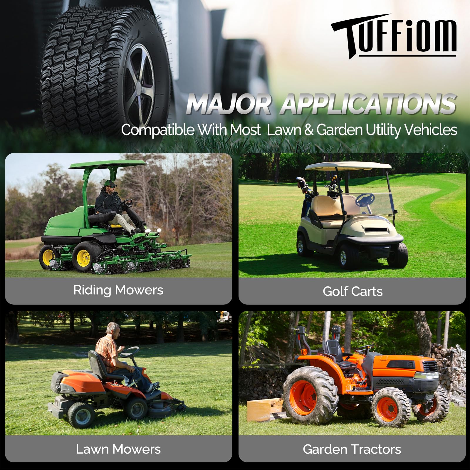 TUFFIOM mounted on garden tractor demonstrating stable performance on turf