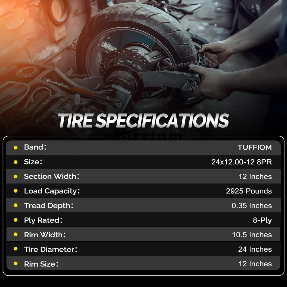 TUFFIOM tire next to garden tractor wheel for scale to confirm compatibility