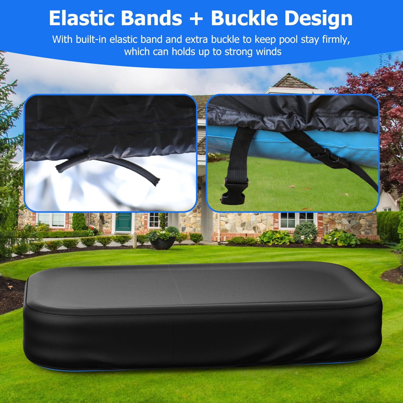 Tufmunb close-up of buckle and elastic band for wind-resistant secure fastening
