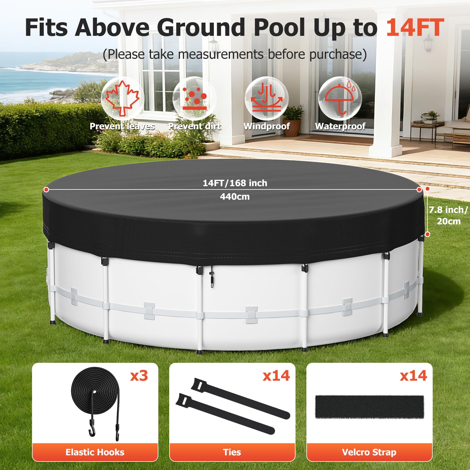 Tufmunb cover with pool ladder for size and scale comparison benefit