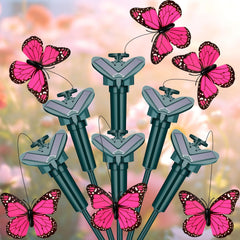 Tujoe front view of six pink butterfly stakes showing set and color, enhances garden appeal