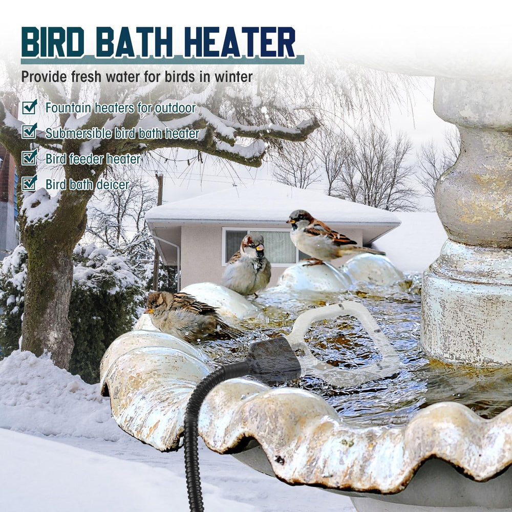 Tujoe heater submerged in tank with chickens providing reliable unfrozen water benefit