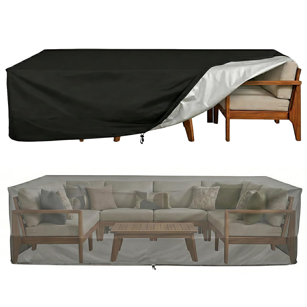 TUOKING front view showing full cover protecting patio furniture and weather shield