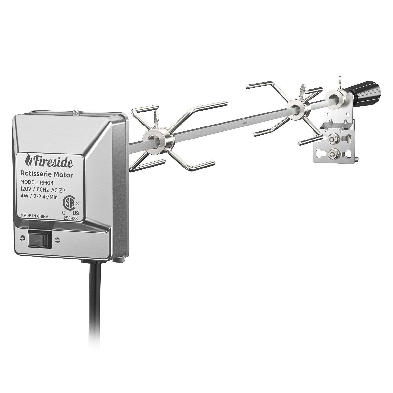 TURBRO rotisserie front assembly showing stainless finish and robust build benefits